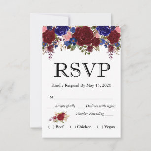 Navy Burgundy Floral Watercolor RSVP Wedding Meal Card