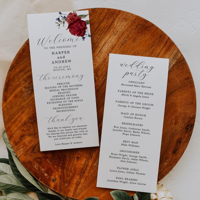 Navy Burgundy Floral Wedding Ceremony Program Programme (Creator Uploaded)