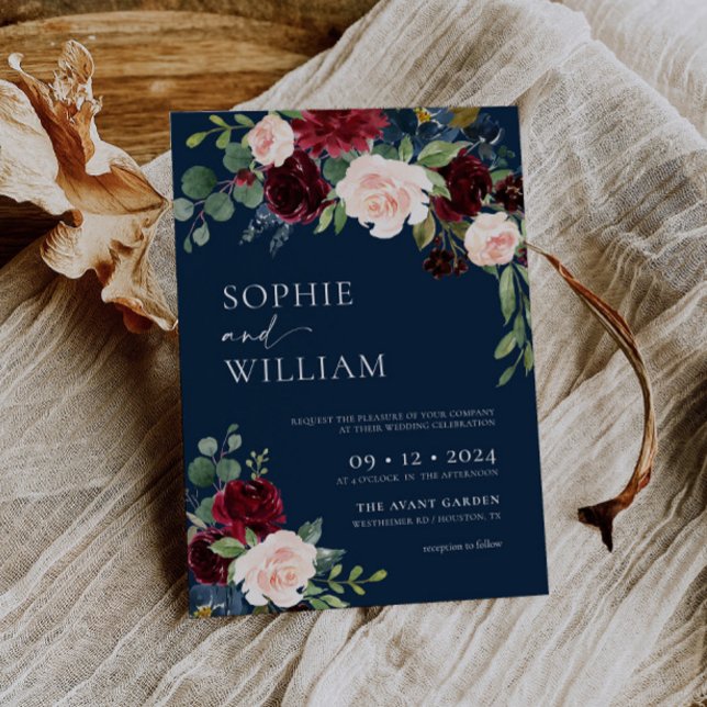 Navy Burgundy Floral Wedding Invitation (Creator Uploaded)