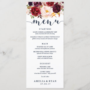 Navy Burgundy Floral Wedding Menu Card