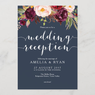 Navy Burgundy Floral Wedding Reception Invitation