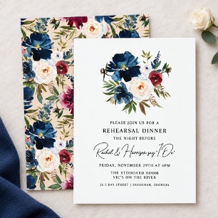 Navy Burgundy Floral Wedding Rehearsal Dinner Invitation