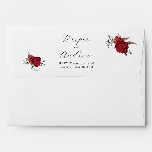 Navy Burgundy Floral Wedding Return Address  Envelope (Back (Top Flap))
