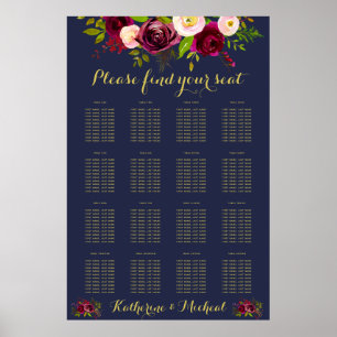 Navy Burgundy Floral Wedding Seating Chart