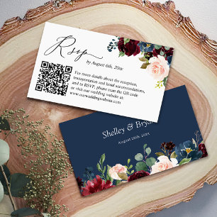 Navy Burgundy Floral Wedding Website RSVP QR Code Enclosure Card