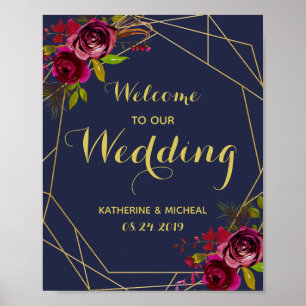 Navy Burgundy Floral Wedding Welcome Sign