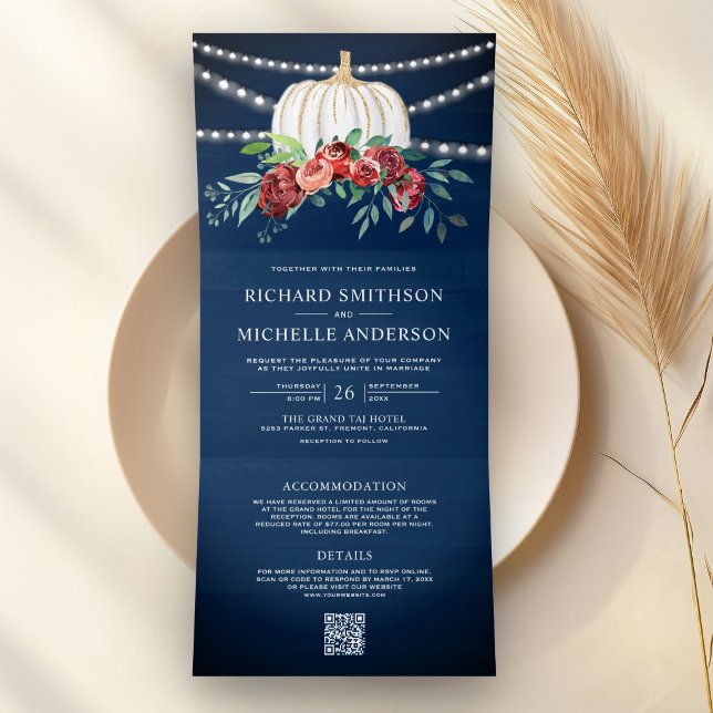 Navy Burgundy Floral White Pumpkin QR Code Wedding Tri-Fold Invitation (Creator Uploaded)