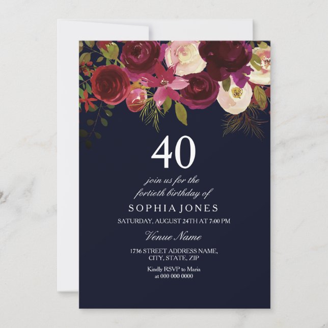 Navy & Burgundy Flowers 40th Birthday Party Invite (Front)