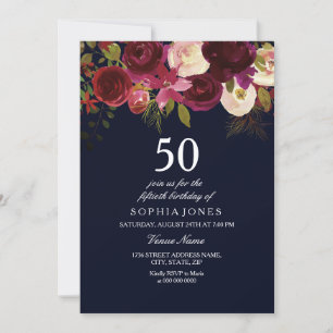 Navy & Burgundy Flowers 50th Birthday Party Invite