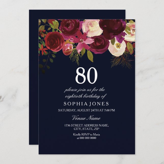 Navy & Burgundy Flowers 80th Birthday Party Invite (Front/Back)