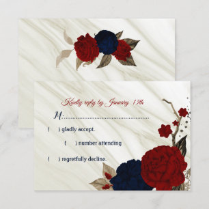 navy & burgundy flowers marble RSVP card