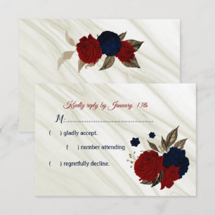 navy & burgundy flowers marble RSVP card