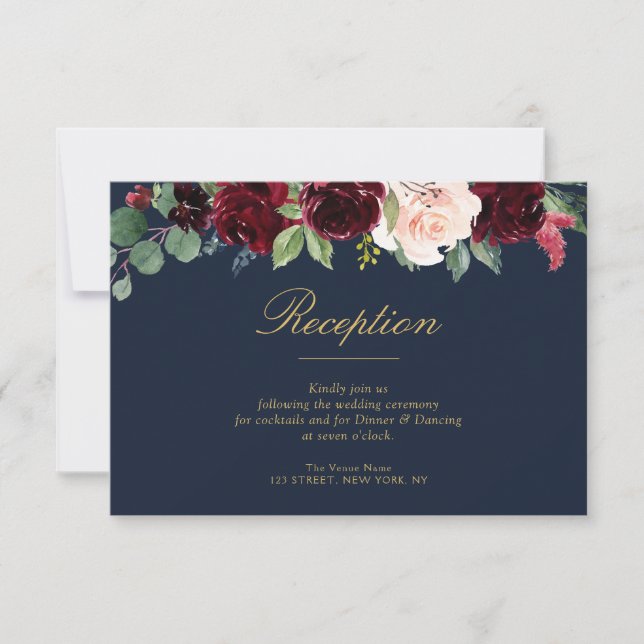 Navy & burgundy flowers wedding reception card (Front)