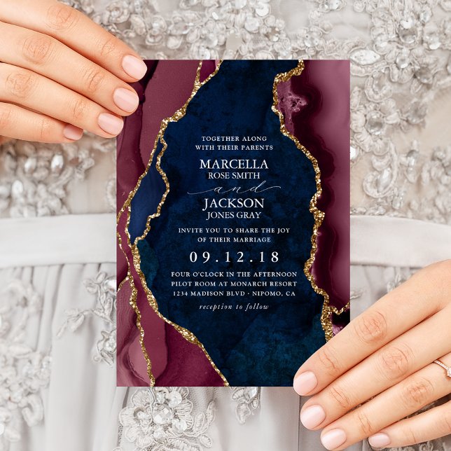 Navy, Burgundy & Gold Agate Wedding Invitation (Creator Uploaded)
