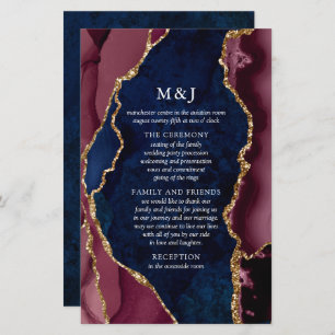 Navy, Burgundy & Gold Agate Wedding Program