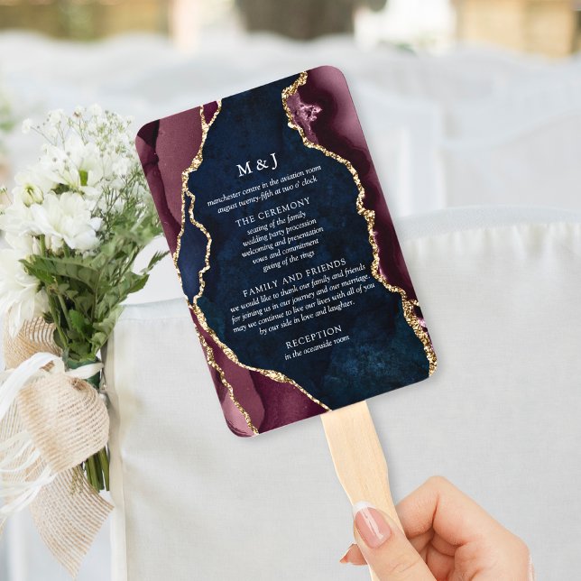 Navy, Burgundy & Gold Agate Wedding Program Hand Fan (Creator Uploaded)