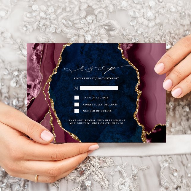 Navy, Burgundy & Gold Agate Wedding RSVP Invitatio Invitation (Creator Uploaded)