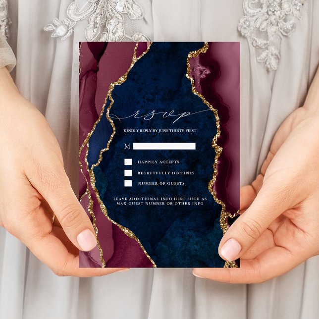 Navy, Burgundy & Gold Agate Wedding RSVP Invitatio Invitation (Creator Uploaded)