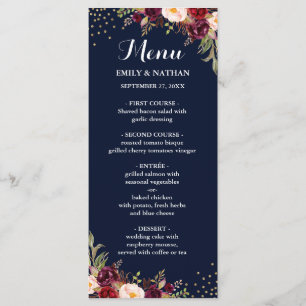 Navy Burgundy Gold Confetti Floral Wedding Menu