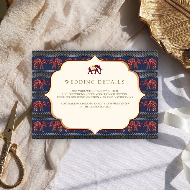 Navy Burgundy Gold Elephant Indian Wedding Details Enclosure Card (Creator Uploaded)