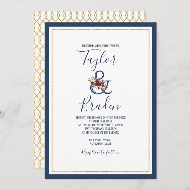 Navy + Burgundy + Gold Floral Wedding Invitation (Front/Back)