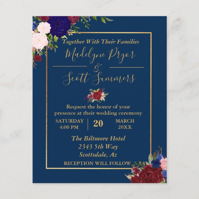 Navy Burgundy Gold Frame Gold Wedding Invitation (Front)