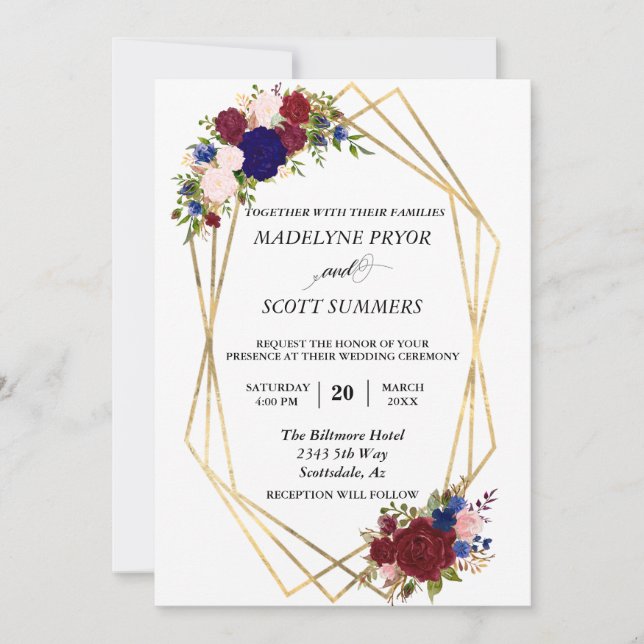 Navy Burgundy Gold Frame Gold Wedding Modern Invitation (Front)