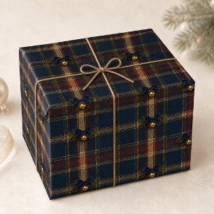 Navy Burgundy Heritage Tartan Christmas Velvet Bow Wrapping Paper