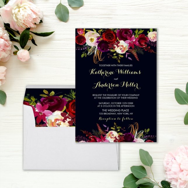 Navy Burgundy Marsala Boho Floral Autumn Wedding Invitation (Creator Uploaded)