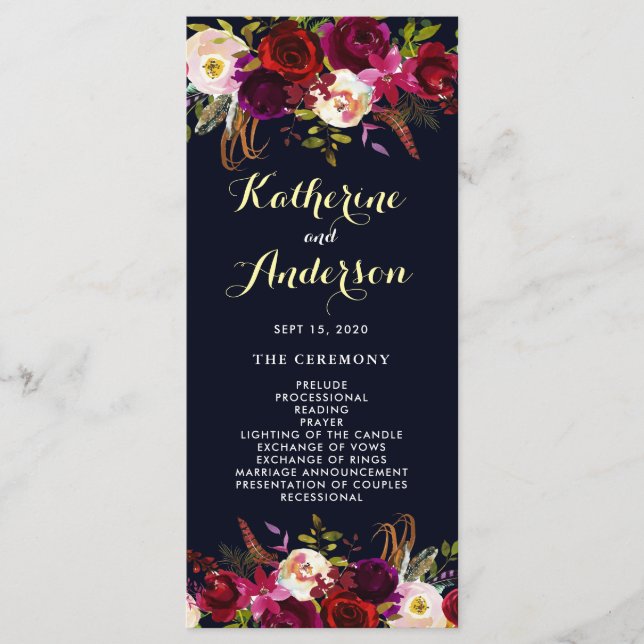 Navy Burgundy Marsala Boho Floral Wedding Program Programme (Front)