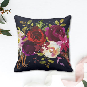 Navy Burgundy Marsala Rustic Bohemian Floral Cushion