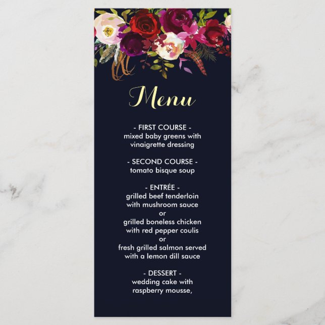 Navy Burgundy Marsala Wedding Menu Card (Front)