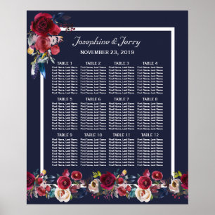 Navy Burgundy Merlot Floral Wedding Seating Chart