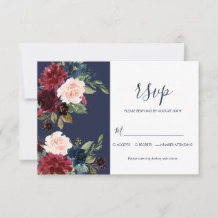 Navy Burgundy Modern Simple Navy Botanical wedding RSVP Card