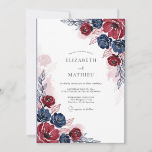 Navy Burgundy Painterly Bloom Wedding Invitation