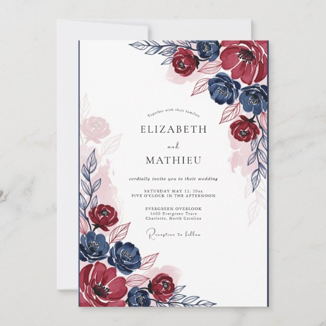 Navy Burgundy Painterly Bloom Wedding Invitation (Front)
