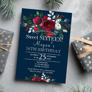 Navy burgundy peonies winter floral sweet sixteen invitation