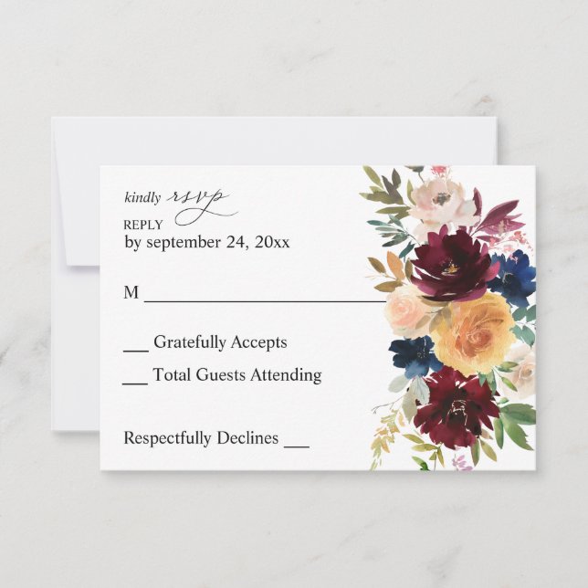 Navy, Burgundy & Pink Floral no Meal RSVP Card (Front)