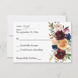 Navy, Burgundy & Pink Floral no Meal RSVP Card