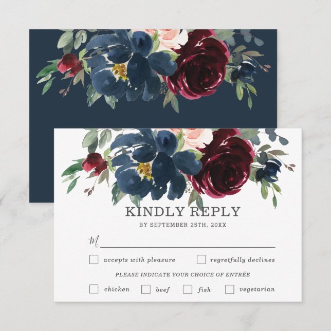 Navy Burgundy Pink Floral Wedding Meal Choice RSVP Card (Front/Back)