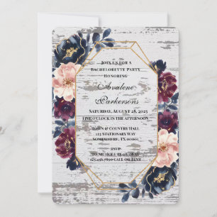 Navy Burgundy Pink Peony Wood Bachelorette Party Invitation
