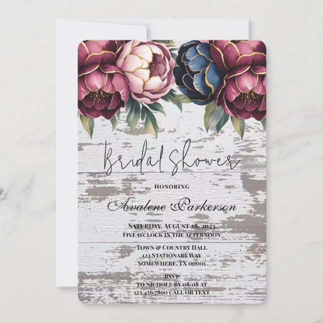 Navy Burgundy Pink Peony Wood Bridal Shower Invitation (Front)