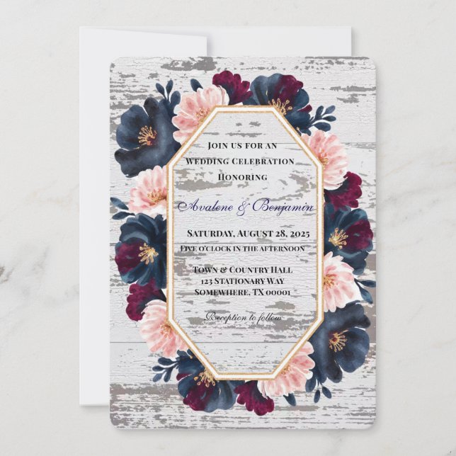 Navy Burgundy Pink Peony Wood Wedding Celebration Invitation (Front)