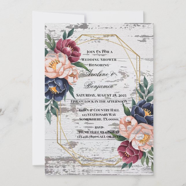 Navy Burgundy Pink Peony Wood Wedding Shower  Invitation (Front)