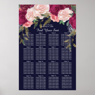 navy burgundy pink wedding seating chart sign