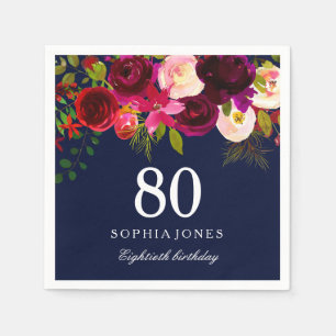 Navy & Burgundy Red Floral 80th Birthday Party Napkin