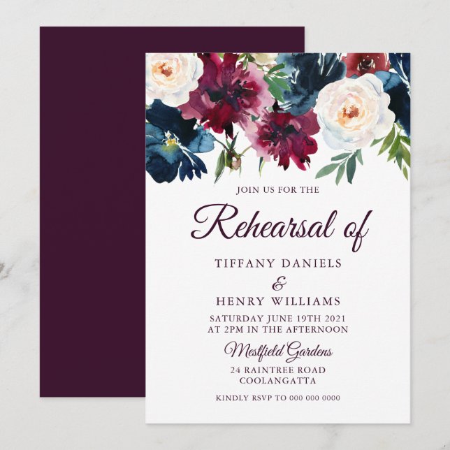 Navy & Burgundy Red Wine Flowers Rehearsal Dinner Invitation (Front/Back)
