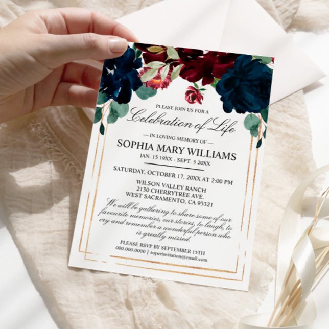Navy & Burgundy Rose Funeral Celebration of Life Invitation (Creator Uploaded)