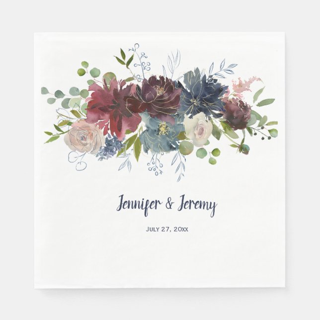 Navy Burgundy Rose Gold Greenery Wedding Napkin (Front)