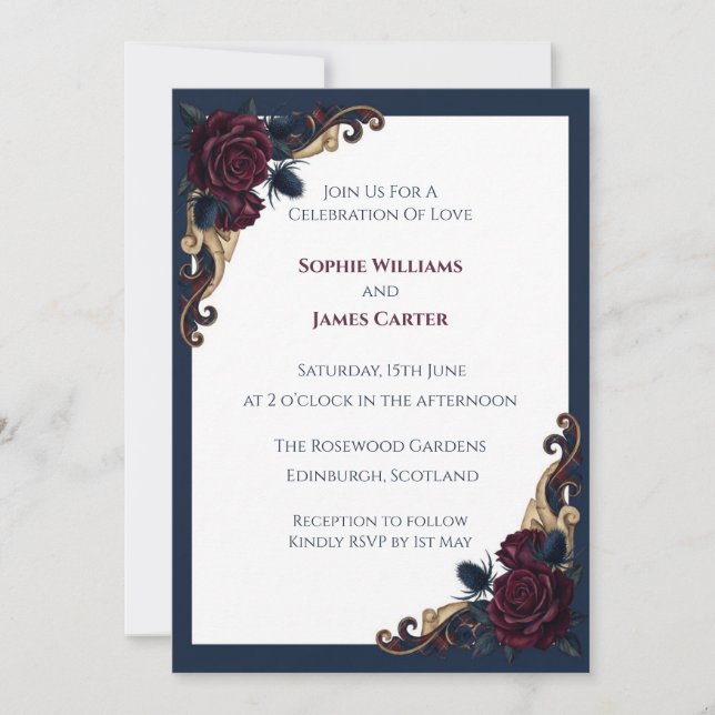 Navy Burgundy Rose Thistle Wedding Invitation (Front)
